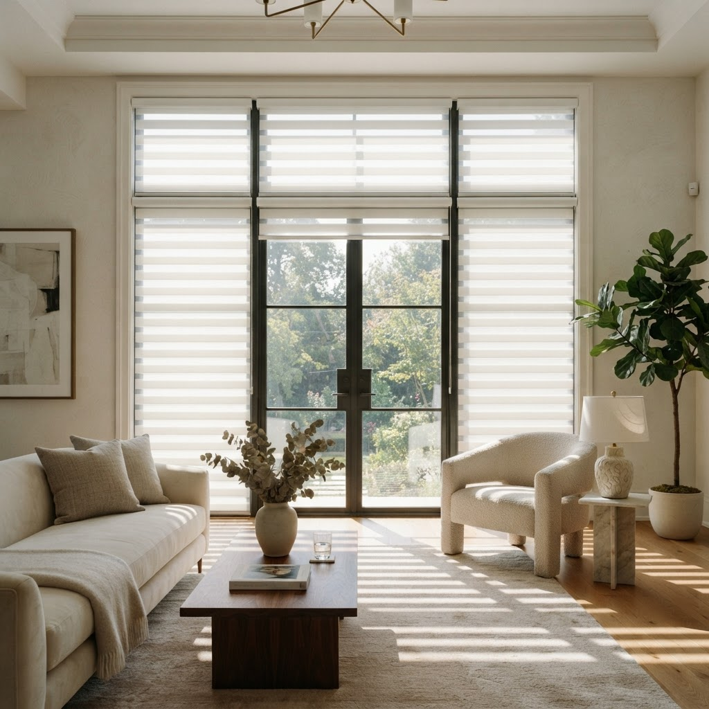 Zebra / Sheer Shades — Alternating bands dial light from open to private.