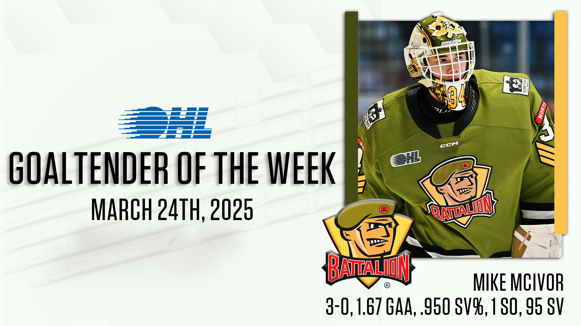 Mike McIvor named OHL Goalie of the Week