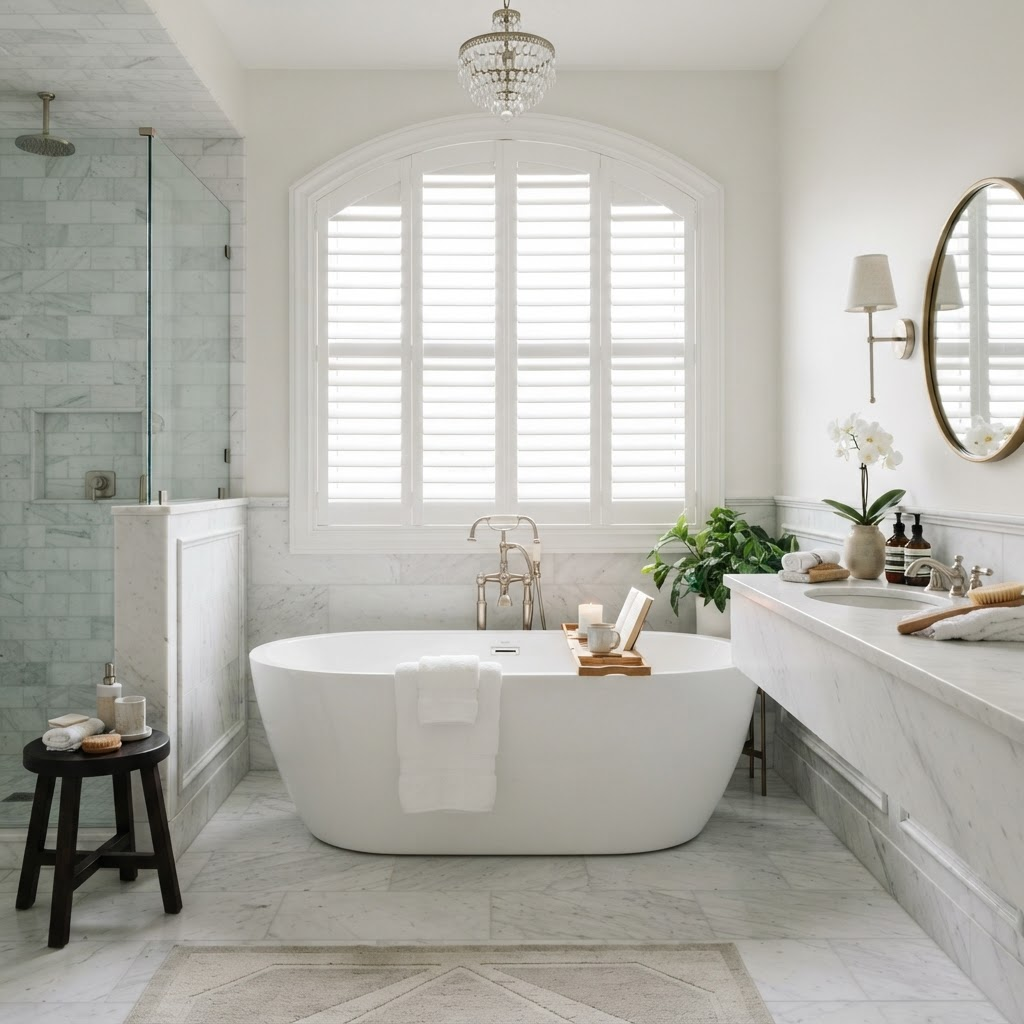 Bathroom with custom window coverings