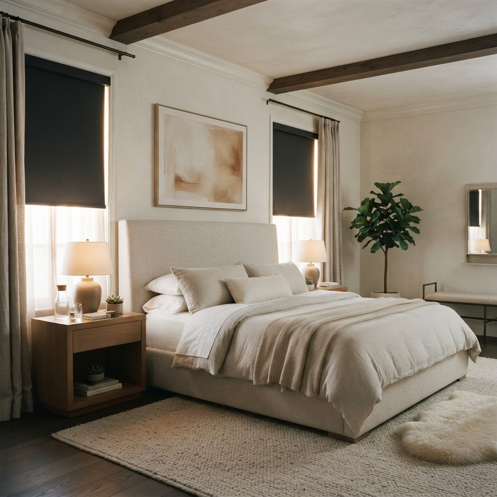 Bedroom with custom window coverings