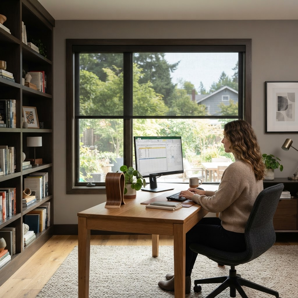 Home Office with custom window coverings