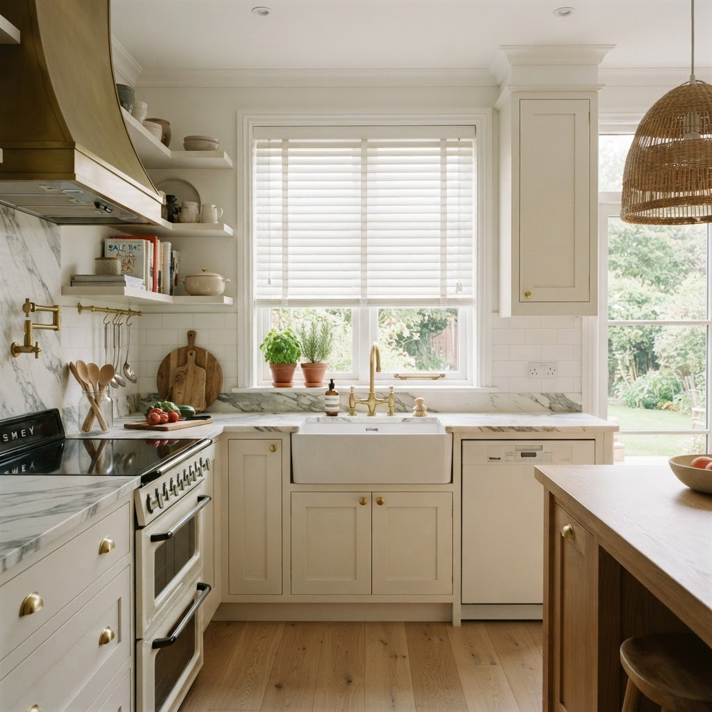 Kitchen with custom window coverings
