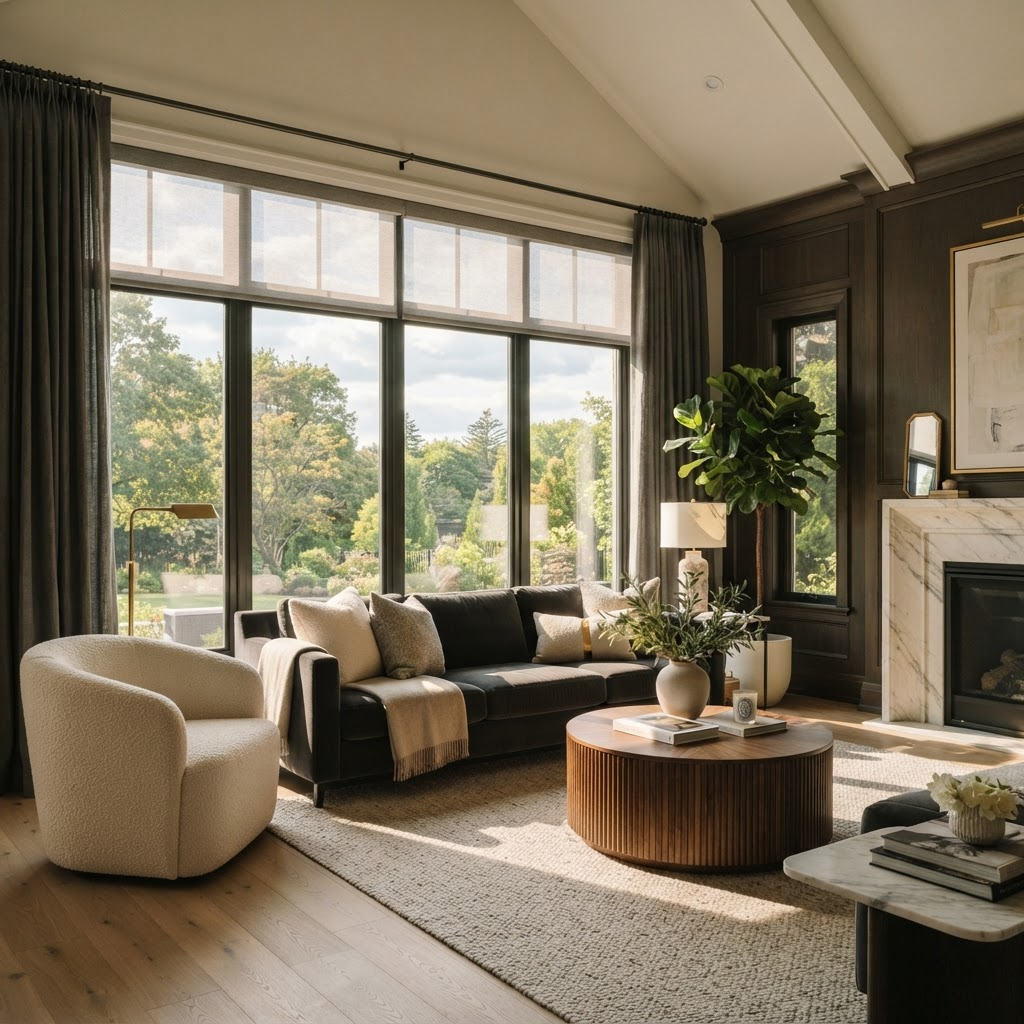 Living Room with custom window coverings